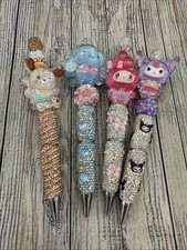4 Beaded Sanrio Themed Pens Black Ink Cinnamon, My Melody, Kuromi Sparkly Pens