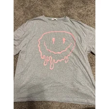 ROMWE Gray Pink Drip Smiley Face Oversized Tee Women's Size Small