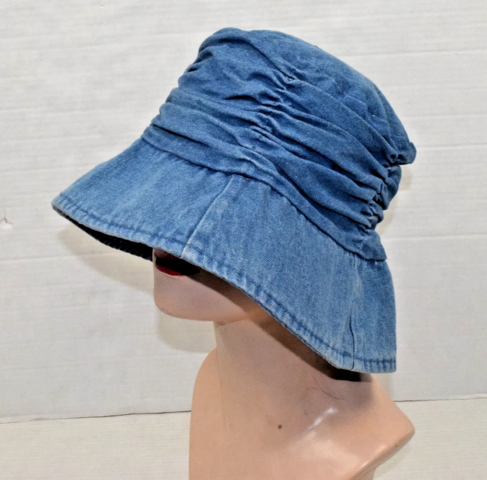 Vintage Jean Bucket Hat Size M 90s Ruched Blue Cotton Denim Made Macau - Image 3 of 4
