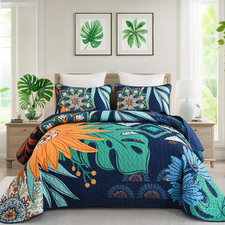 Boho Floral Quilt Set Queen Size Navy Blue 3 Piece Bedspread Coverlet Botanical