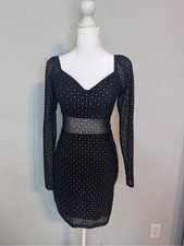 AUW Black Long-Sleeve Mesh Bodycon Dress with Gold Dot Pattern