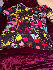 Scrub Top Black/Multicolor Paint Splatter Graphic Crew Neck Short Sleeve Size XL