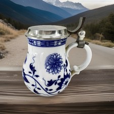 Hutschenreuther Blue Onion Porcelain Pewter Lid Beer Tankard Stein Germany 4.5”