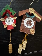 Vintage Wood Cuckoo Clock Ornament SET 2  both 4" Red & Brown