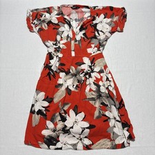 Simply Vera Dress Womens Medium Red Floral Linen Blend Fit Flare Tie Waist Midi