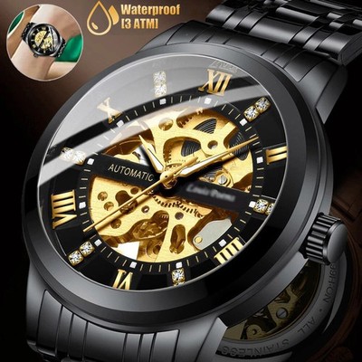 Men's Luxury Stainless Steel Gold Tone Skeleton Automatic Mechanical Wrist Watch