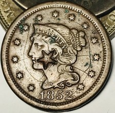 1852 Large Cent Matron Braided Hair 1C Counterstamp STAR US Copper Coin CS30019
