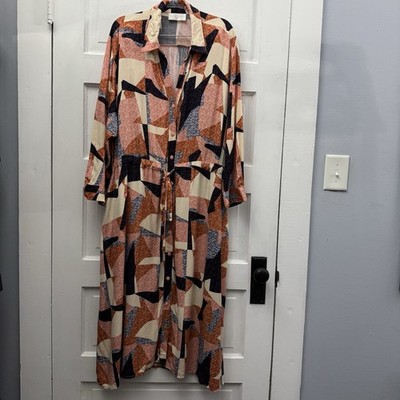 Abstract Geometric Midi Shirt Dress Tie Waist Corey Lynn Calter Women s L