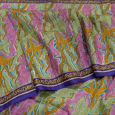 Vintage Sari Pink Green Pure Silk Printed Saree 5yd Sewing Fabric Dressmaking