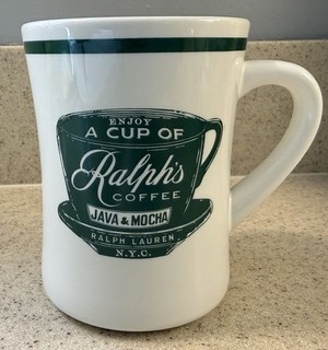 RALPH'S COFFEE Ralph Lauren NYC Porcelain Coffee Mug White Green Retro Graphics