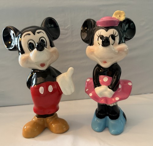Vtg Disney Mickey Minnie Mouse Ceramic Figurines Japan Borgfeldt Paper Sticker