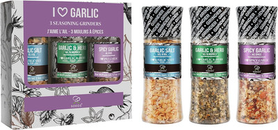 Spice Seasoning Set of 3 with Integrated Grinders, Spicy Garlic, Garlic & Herbs,