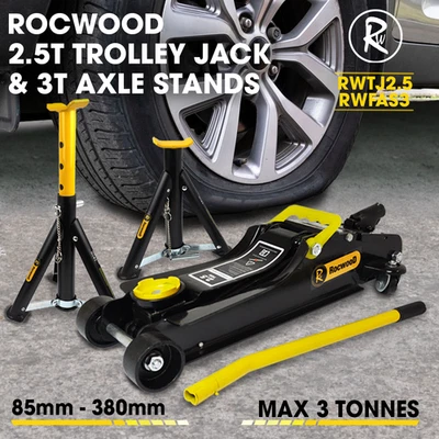 ROCWOOD Trolley Jack 2.5 Ton Tonne Low Profile Hydraulic & Axle Stand Set 3 Ton Foldable