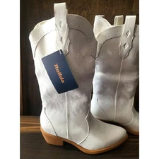 New Rollda White Fleece Lined Western Cowboy Snip Toe Boots Floral Design Size 7