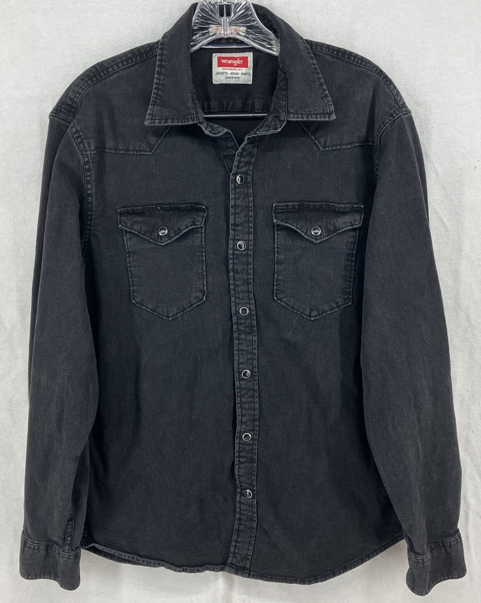 Wrangler Mens Black Button Stretch Pearl Snaps Denim Long Sleeve Shirt Sz  Medium