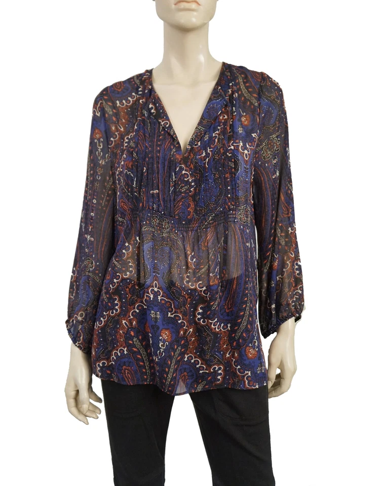 Blusa Campesina Georgette JOIE Vandrea Azul Marino Estampado Cachemira Seda Transparente L Foto 4 de 4