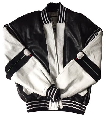 MICHAEL HOBAN NORTH BEACH LEATHER Bomber Jacket GOLF-Themed Black White Size 42 - Picture 3 of 12