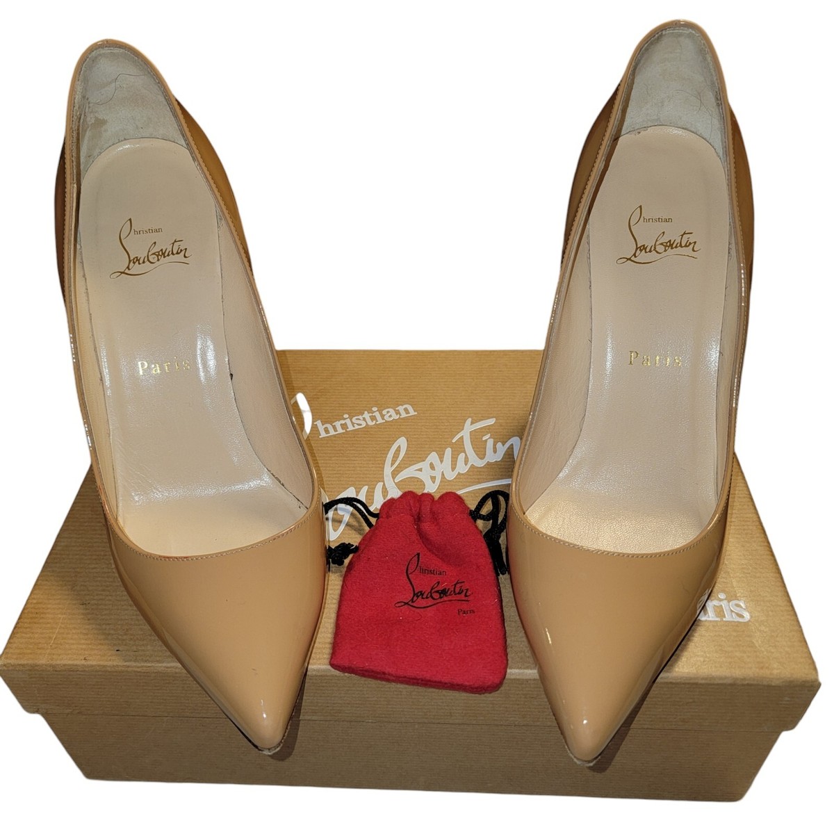 【美品】クリスチャンルブタン PIGALLE 100 NUDE 38.5 Christian Louboutin Pigalle 100 Nude Patent Pumps - Size 38.5 with