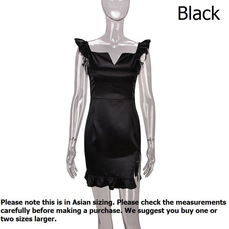 Sexy Lady Satin Deep V-neck Ruffle Slit Slim Dress Solid Bodycon Mini ...