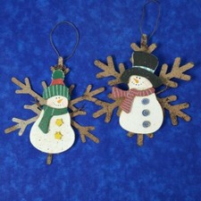 Wood Snowman Christmas Ornaments On Metal Snowflakes Set Of 2 