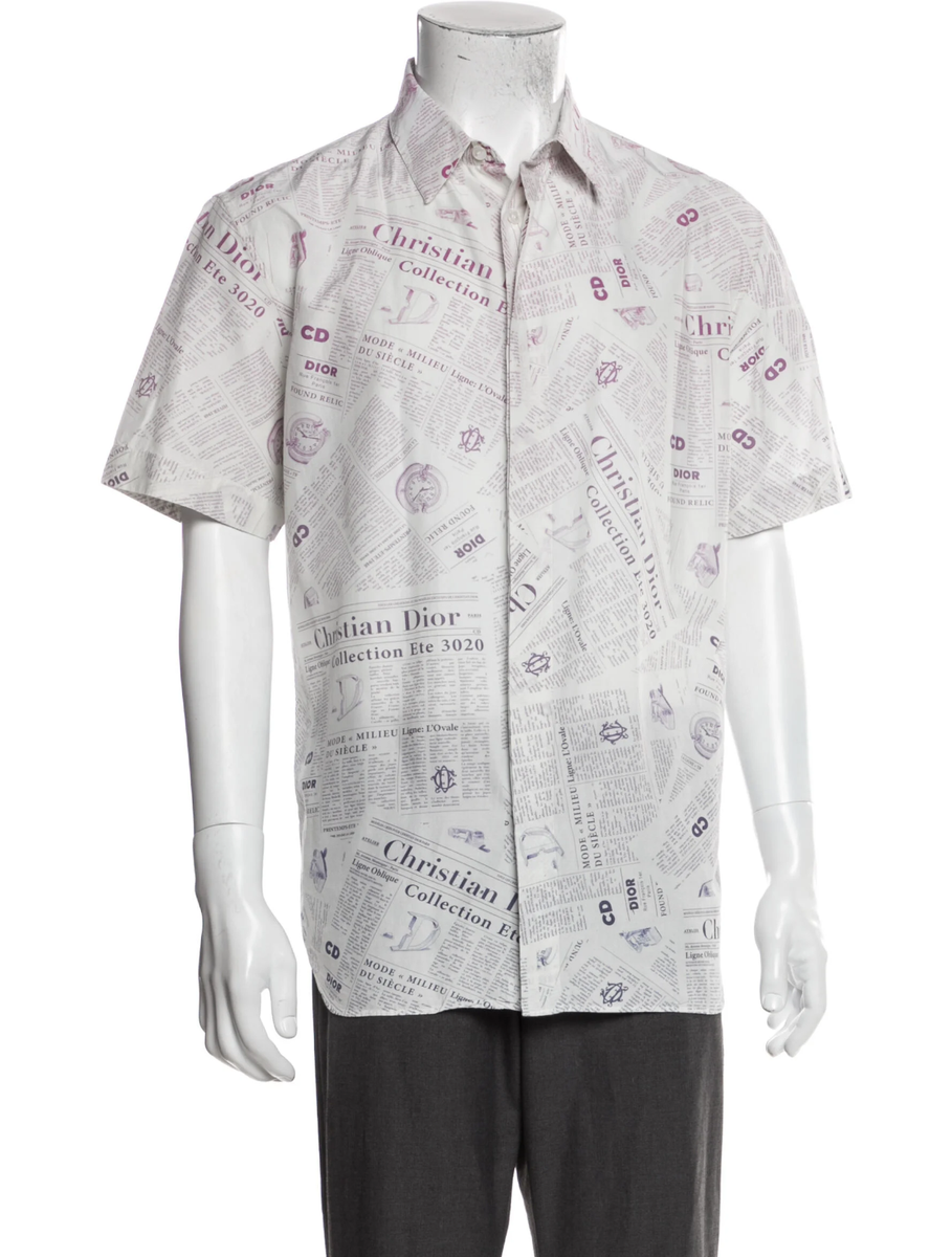 Dior Daniel Arsham Newspaper Silk Logo Short Sleeve Button Up Down