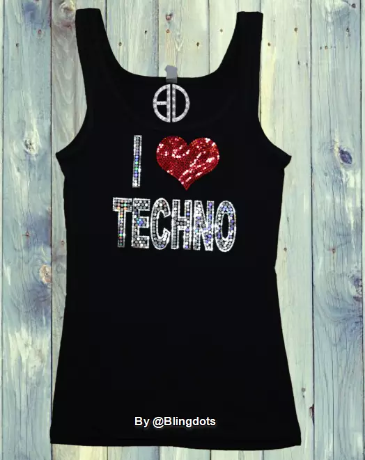 New Women I love Techno EDM Shirt Ultra Bling Tank Top Party Music Club Rave