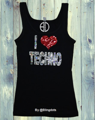 New Women I love Techno EDM Shirt Ultra Bling Tank Top Party Music Club Rave 