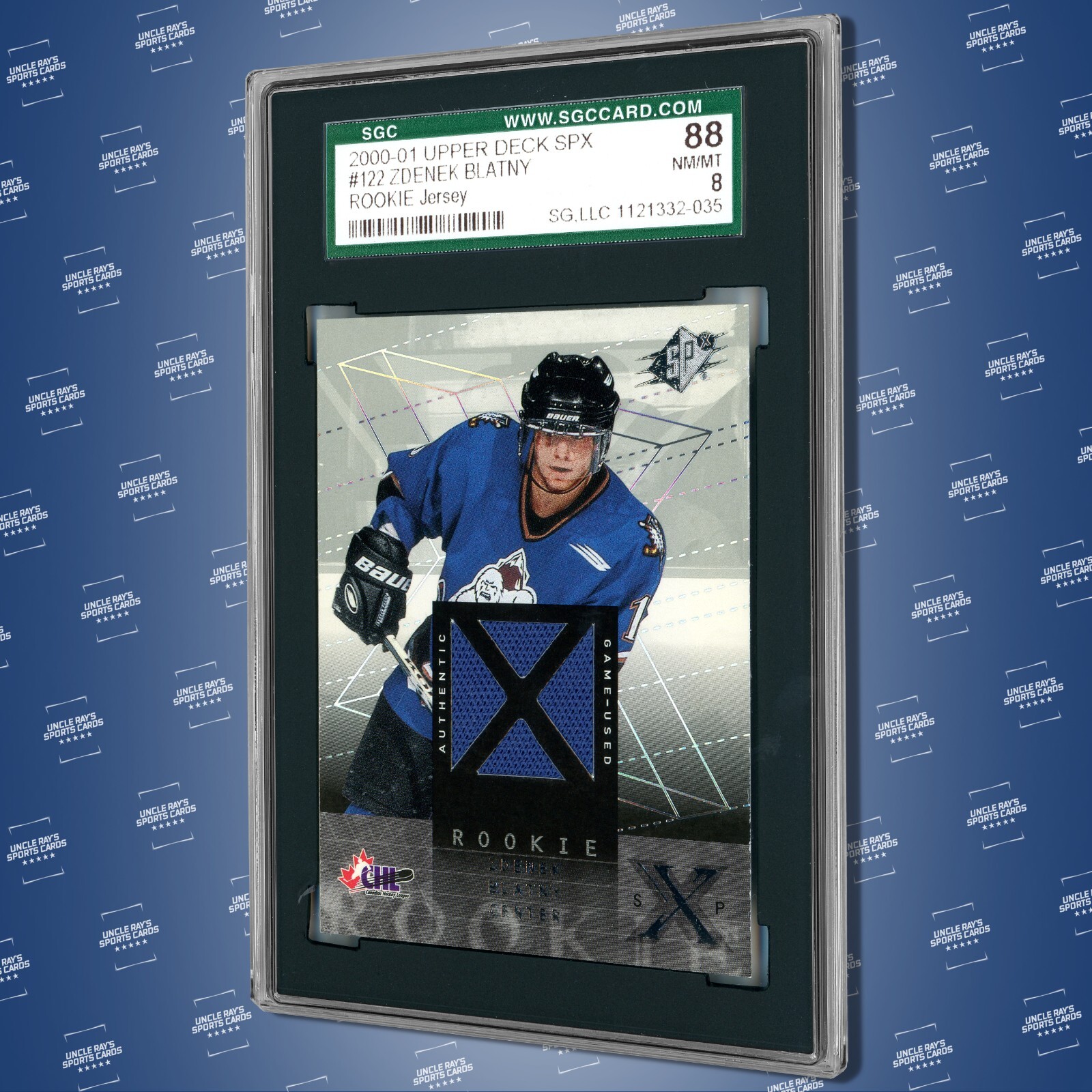 2000-01 UD SPX #122 ZDENEK BLATNY AUTHENTIC GAME USED JERSEY RC ROOKIE GRADED 8