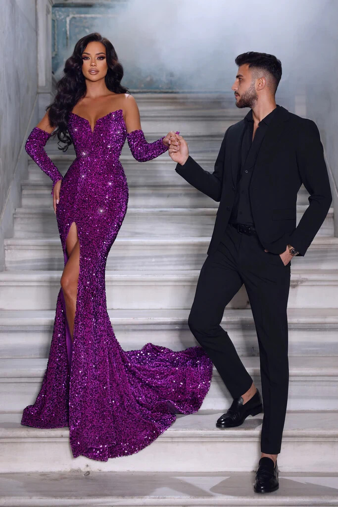 grape color prom dress Primavera Couture 3754 Size 18 Purple Prom Dress Sequins V Neckline Evening Gown Backless Slit Train