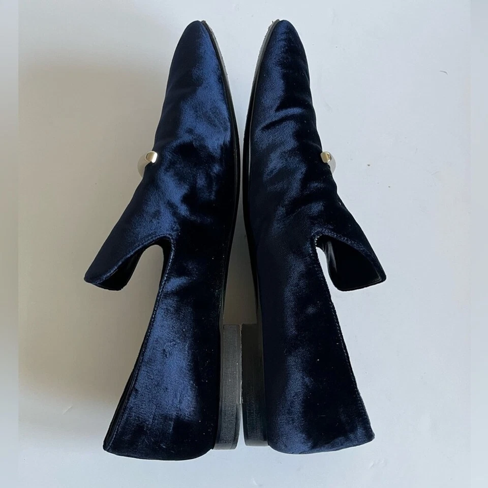 Mocasines planos Via Spiga Tallis Italia terciopelo azul marino con acento plateado talla 8M Foto 4 de 4