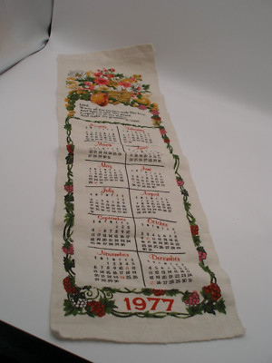 Vtg 1977 Flower Basket Fabric Calendar Tea Towel Bright Kitchen Colors