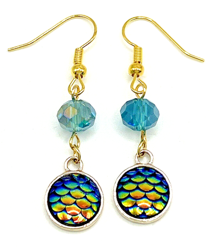 Teal Mermaid 3-D Resin Multi-Color Fish Scales Dangle Drop Earrings w Glass Bead