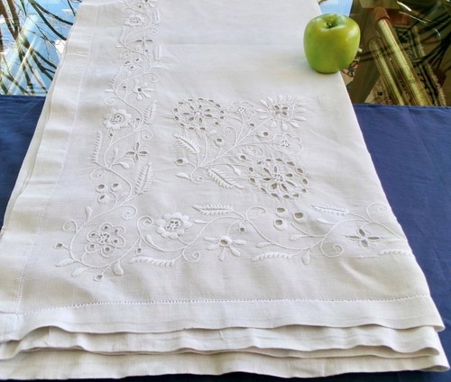 Antique Scottish Hand Embroidered Pure Linen Ayrshire Tablecloth 64" Sq