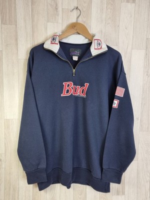Vintage 90's Budweiser Promo Spellout 1/4 Zip Sweatshirt M Navy Blue Oversized