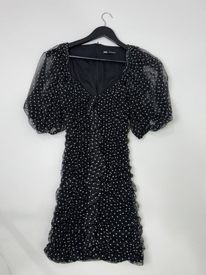 zara flocked dotted mesh dress ZARA Black Polka Dot Mesh Puff Sleeve Ruched Mini Dress Size Small