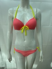 Neon Pink & Yellow Bikini Set M Halter Neck Tie Side Push Up Padded Swimsuit NEW