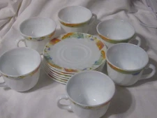 S USA Home Set Milk Glass Floral Teacups and Saucers Set of 6