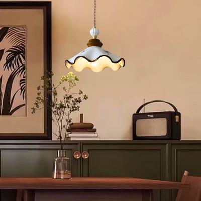 Vintage Scalloped Glass Pendant Light Cream Brown Adjustable Hanging Lamp
