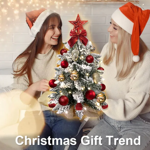 22In Tabletop Mini Christmas Tree with Lights Artificial Snow Flocked Xmas Decor