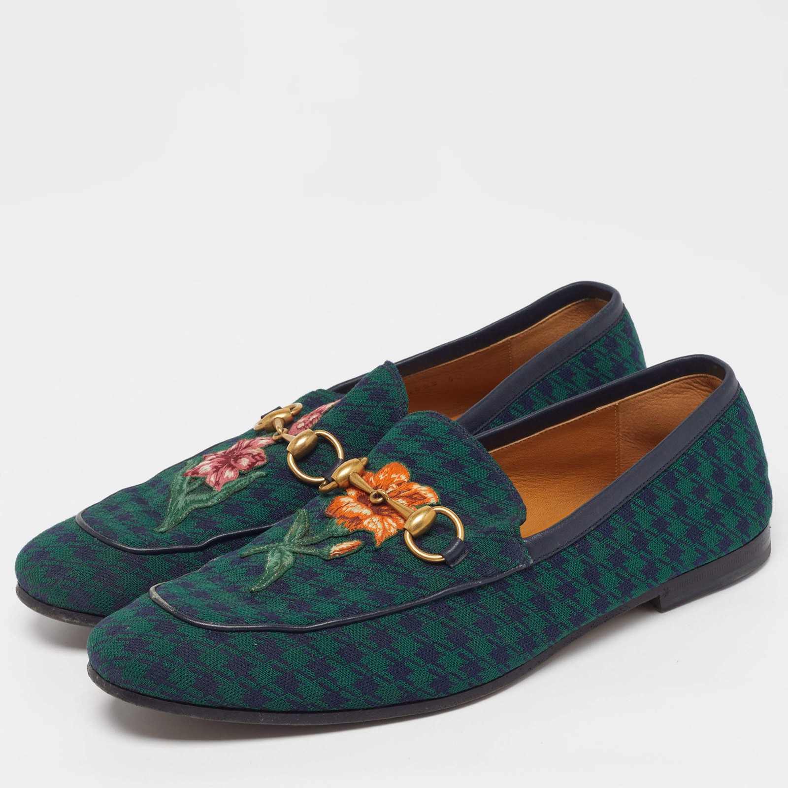 Gucci Horsebit Size 44 GreenNavy Blue Knit Fabric Flora Embroidered Loafers thumbnail 2