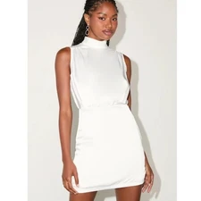 NWT Lulus Classic Elegance White Satin Sleeveless Mock Neck Mini Dress Size S