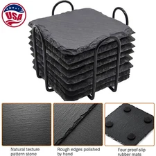 8 PCS Square Slate Drink Coasters Set, 4 Inch Black Slate Stone Coasters