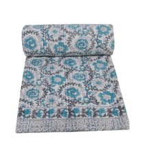 Vintage Floral Kantha Bedspread Indian Handmade Quilt Throw Cotton Blanket New