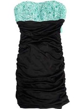 Junior Womens Aquamarine Black Silky Ruffle Sequin Cocktail Evening Dress