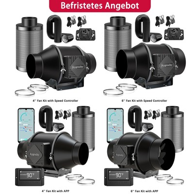 Aygrochy 4/6'' WIFI APP Rohrventilator Abluft-Set Aktivkohlefilter für Growzelt