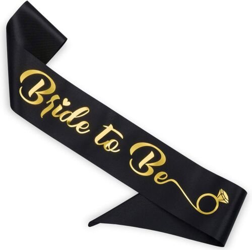'Bride to Be' Bachelorette Party Sash - Bridal Shower Black Satin Sash with Gold - Picture 1 of 6