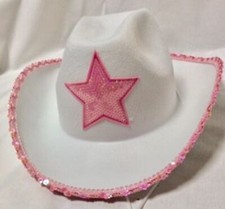 COWGIRL ADULT HAT WHITE with PINK SEQUIN STAR AND PINK SEQUIN TRIM