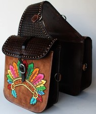 Beautiful Brown Genuine Leather Western Trail Tooling Carving Horse Saddle Bag.