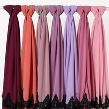 Ladies Plain Chiffon Wraps with Black Lace Shawls Muslim Hijab Scarves 24 Colors