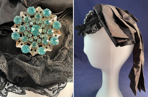 Vintage 1940 Blue Brooch Black Lace Silk Ribbon Fascinator Toy Tilt Cocktail Hat - Picture 2 of 4